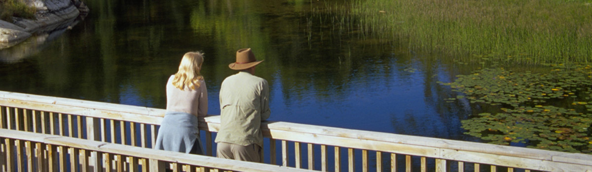 Two people overlooking pond on boardwalk